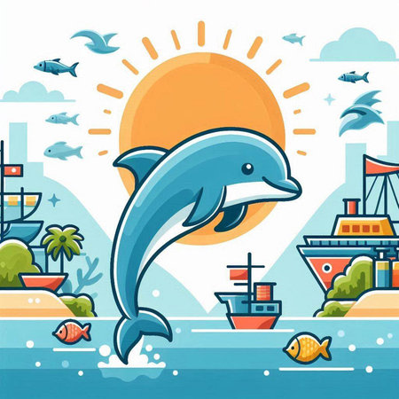 Dolphin on the background of the sea. Vector flat illustration.のイラスト素材