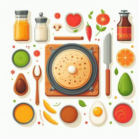 Pancakes and ingredients for cooking. Vector illustration in flat styleのイラスト素材