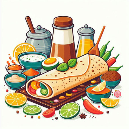 Mexican food vector illustration. Traditional mexican tortilla with vegetables, meat, cheese, eggs and sauce.のイラスト素材