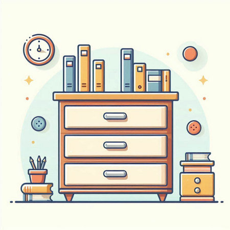 Wooden cabinet with books and stationery. Flat style vector illustration.のイラスト素材