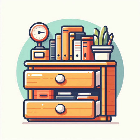 Wooden drawer with books and stationery. Flat vector illustration.のイラスト素材