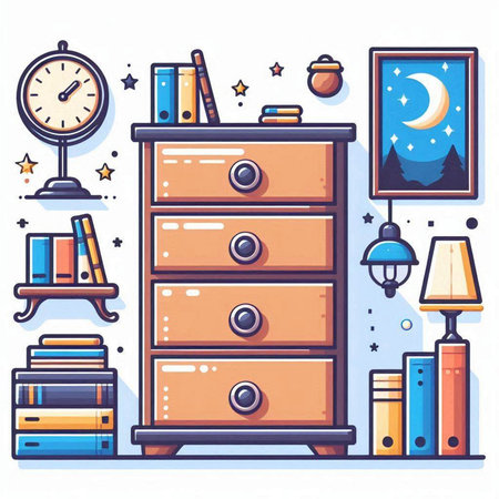 Vector illustration of a night bedside table with books, lamp, nightstand, clock and bookshelf.のイラスト素材