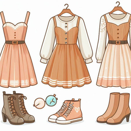 Illustration of a set of women's clothing and accessories on a white backgroundのイラスト素材