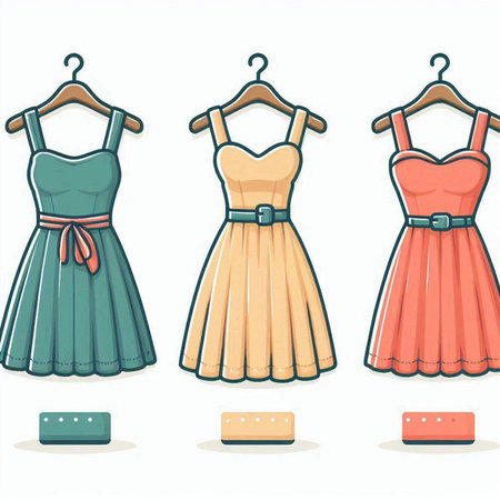Set of women's dresses on a hanger. Vector illustration.のイラスト素材