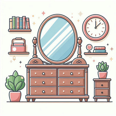 Furniture and accessories in modern flat line style. Vector illustration.のイラスト素材