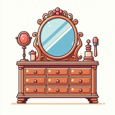 Vector illustration of vintage wooden chest of drawers with mirror. Retro style.のイラスト素材