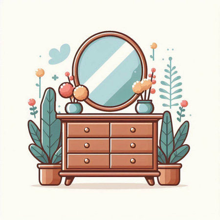 Furniture in flat style with mirror and plants. Vector illustration.のイラスト素材