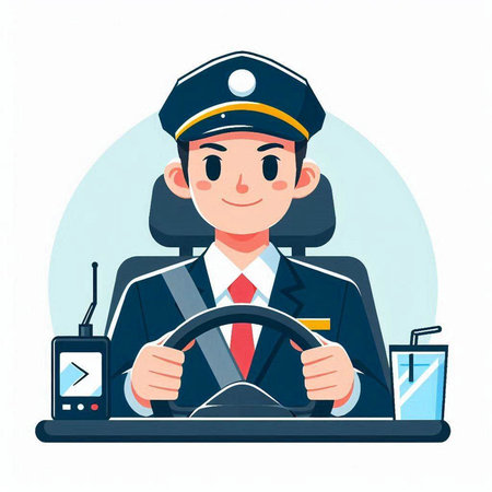 Policewoman with steering wheel and radio. Vector illustration.のイラスト素材