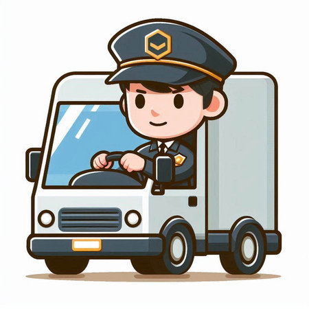 Policeman driving a delivery van cartoon vector illustration isolated on white backgroundのイラスト素材