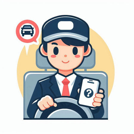 Illustration of a driver holding a smartphone and a driver's capのイラスト素材