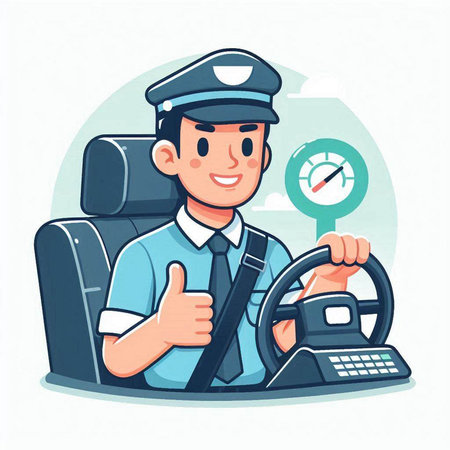 Policeman driving car and showing thumbs up. Vector illustration.のイラスト素材