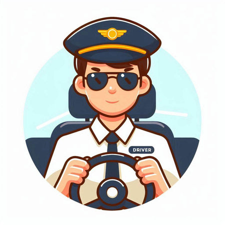 Pilot with steering wheel on white background. Vector illustration in cartoon style.のイラスト素材