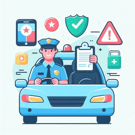Vector illustration of a police officer in a car with a checklist.のイラスト素材