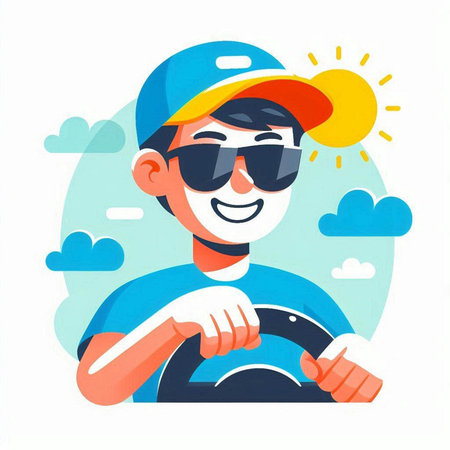 Man in a baseball cap and sunglasses holds a steering wheel on a background of clouds. Vector illustration in a flat style.のイラスト素材