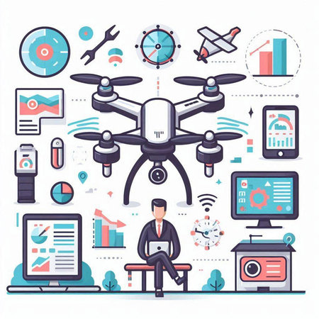 Drone with remote control and remote control. Flat style vector illustration.のイラスト素材