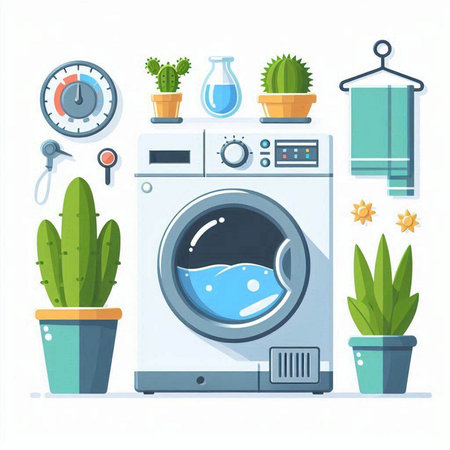 Laundry flat vector illustration. Washing machine with clean clothes.のイラスト素材