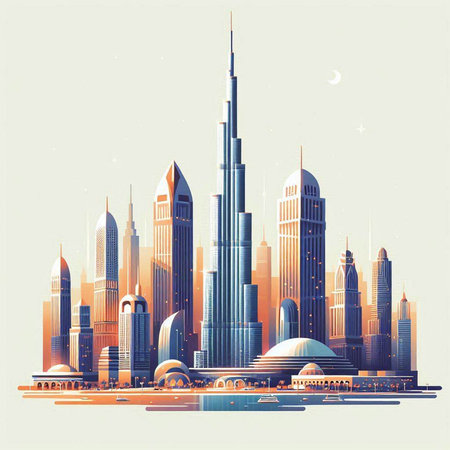 Dubai skyline, United Arab Emirates. Vector illustration in retro styleのイラスト素材