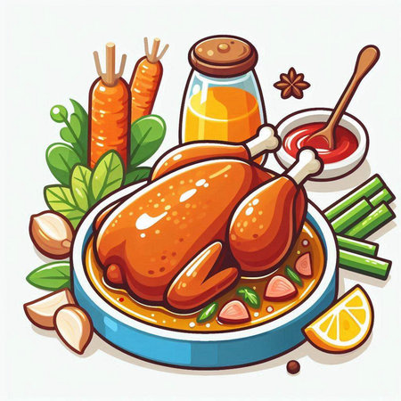 Roast chicken with carrot, garlic and spices. Vector illustration.のイラスト素材