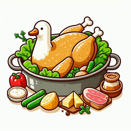 Roast chicken with vegetables in a frying pan. Vector illustration.のイラスト素材