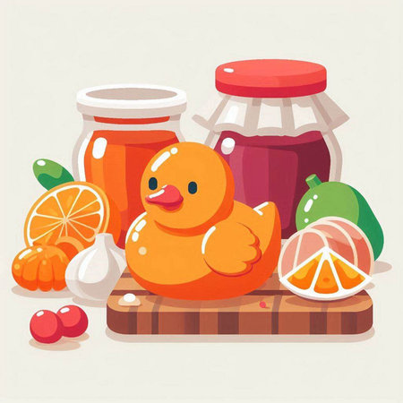 Cute cartoon duck and jam jar. Vector illustration for your designのイラスト素材