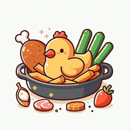 Chicken and vegetables in a frying pan on a white background. Vector illustration.のイラスト素材