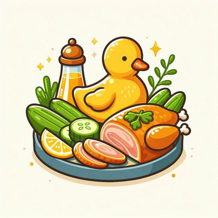 Illustration of a duck with a plate of fresh vegetables and meatのイラスト素材