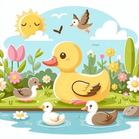 Illustration of a Cute Little Duckling with Flowers and Birdsのイラスト素材