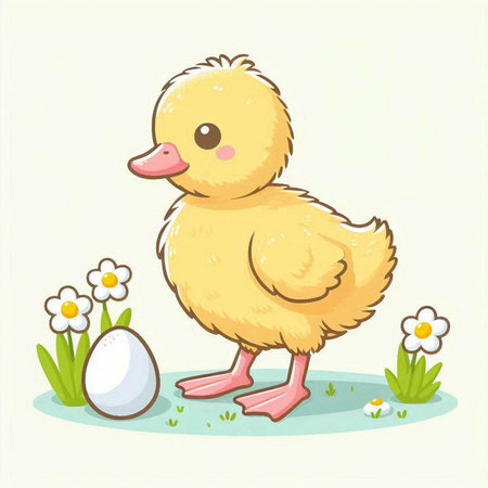 Illustration of a Cute Little Yellow Duckling with Eggs and Flowersのイラスト素材