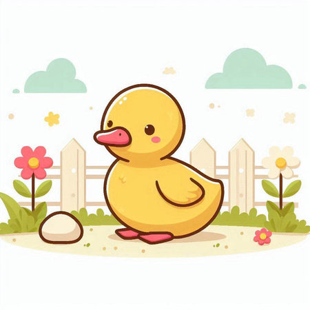 Duckling in garden. Cute cartoon character. Vector illustration.のイラスト素材