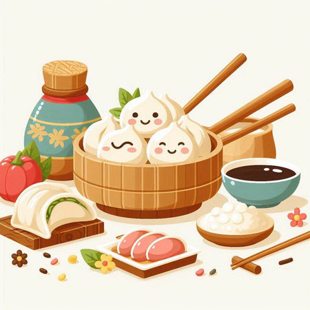 Illustration of chinese dumplings in wooden bowl with chopsticksのイラスト素材