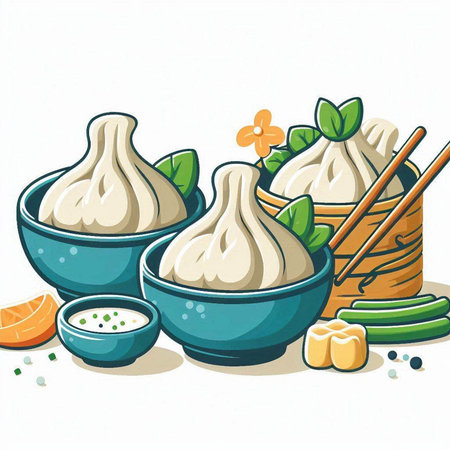 Vector illustration of Chinese steamed dumplings in a bowl.のイラスト素材