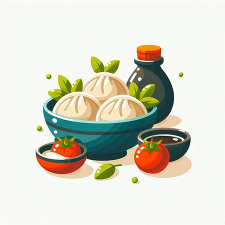 Vector illustration of dumplings in a bowl with sauce and tomato.のイラスト素材