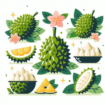 Set of vector illustrations of durian. Isolated on white background.のイラスト素材