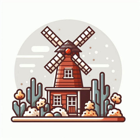 Wooden windmill in the countryside. Vector illustration in flat style.のイラスト素材