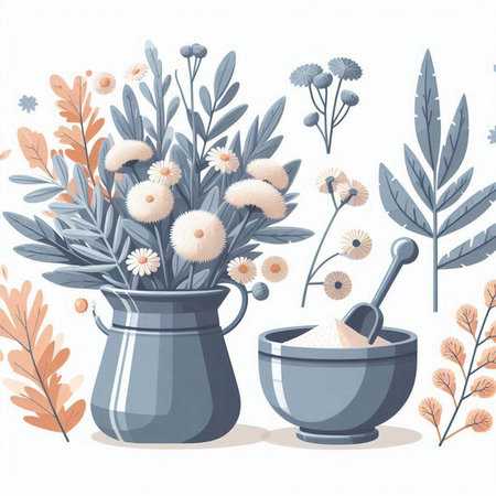 Vector illustration of a composition of herbs in a vase, mortar and pestle.のイラスト素材