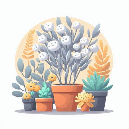 Flowers in pots. Vector illustration in flat cartoon style. Succulents in pots.のイラスト素材