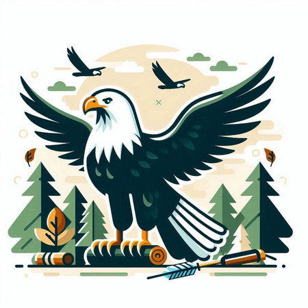 Bald eagle with a bow and arrow in the forest. Vector illustration.のイラスト素材