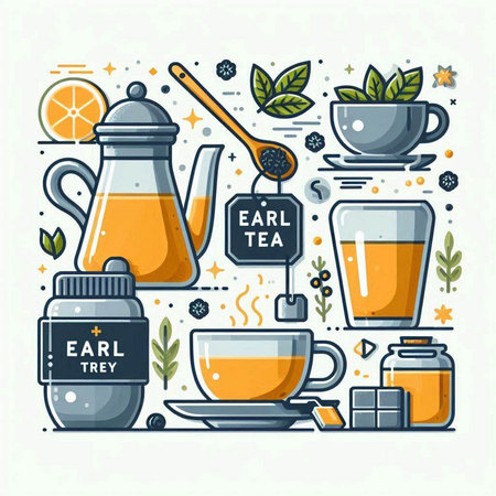 Tea time vector illustration. Teapot, cup, teacup, tea bag, honey, ginger, lemon.のイラスト素材