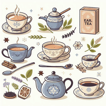 Cup of tea. Vector illustration in retro style. Set of tea icons.のイラスト素材