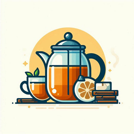Tea time flat color vector icon. Teapot and cup of tea with lemon and mint.のイラスト素材
