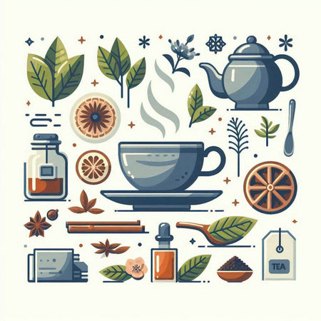 Tea time concept. Vector illustration in flat style. Set of tea icons.のイラスト素材