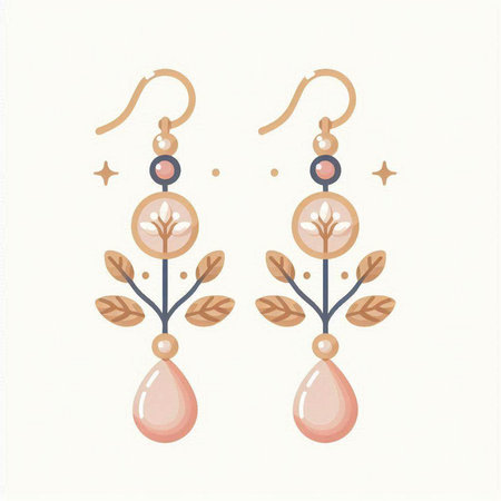 Hand drawn vector illustration of a pair of earrings with pink stones and leavesのイラスト素材