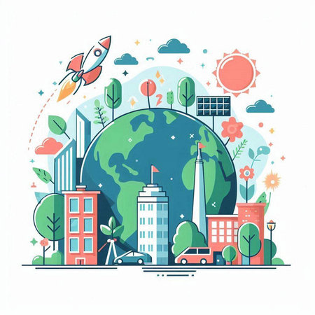 Flat design modern vector illustration concept of green city with eco-friendly buildings, solar panels, skyscrapers, solar panels, rocket and earth globe.のイラスト素材