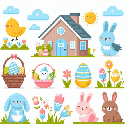 Set of cute Easter bunny, chicken, eggs, flowers, house, basket, sun, clouds. Vector illustration.のイラスト素材