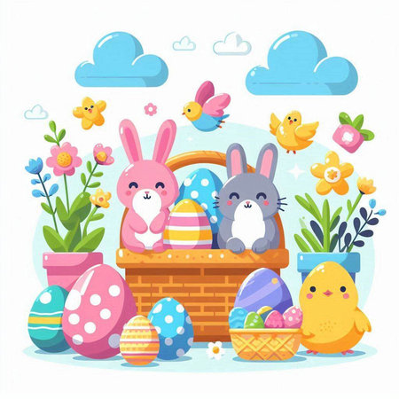 Happy Easter. Cute bunnies with Easter eggs in a basket. Vector illustrationのイラスト素材