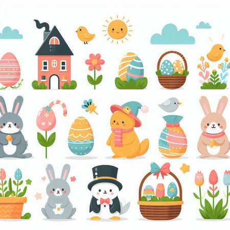 Easter set with cute bunnies and eggs. Vector illustrationのイラスト素材
