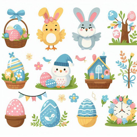 Easter set with eggs, bunny, chicken, bird, flowers, basket, vector illustrationのイラスト素材