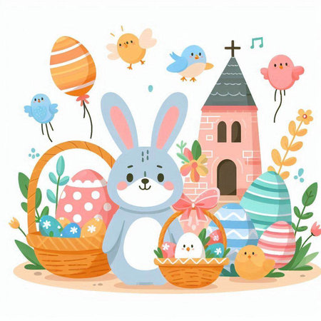 Easter greeting card with cute bunny, basket, eggs and flowers. Vector illustration.のイラスト素材