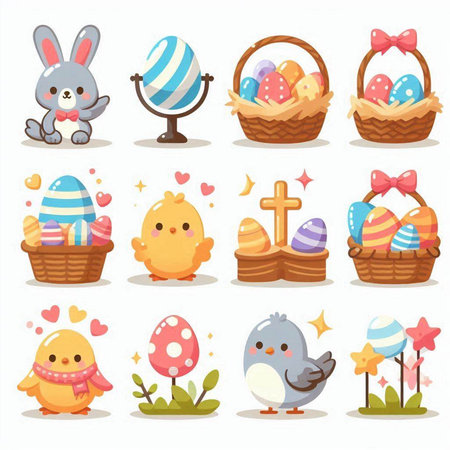 Set of cute cartoon easter eggs in a basket and birds.のイラスト素材