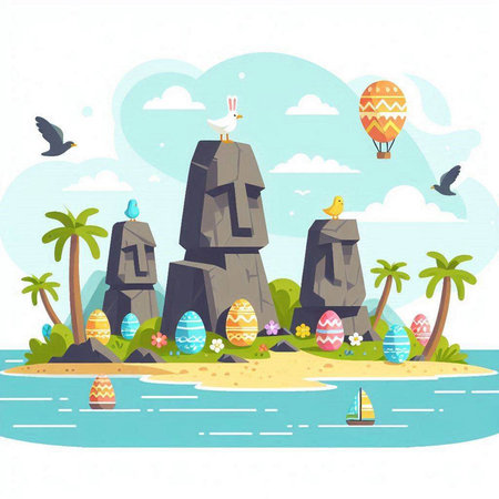 Easter eggs on the beach. Vector illustration in flat style.のイラスト素材